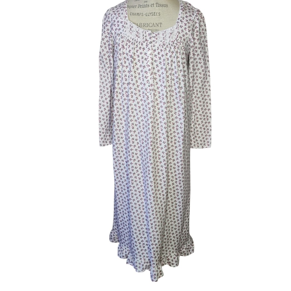 EILEEN WEST Nightgown Womens Small White‎ Pink Floral Partial Button Long Sleeve